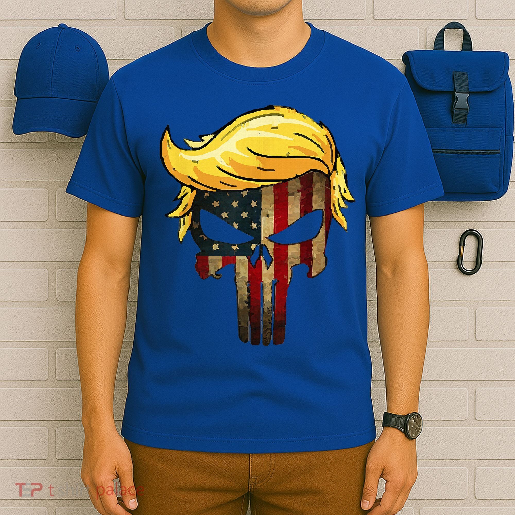 Trump Hair Skull 4th Of July Trump Us Flag Gift T-Shirt