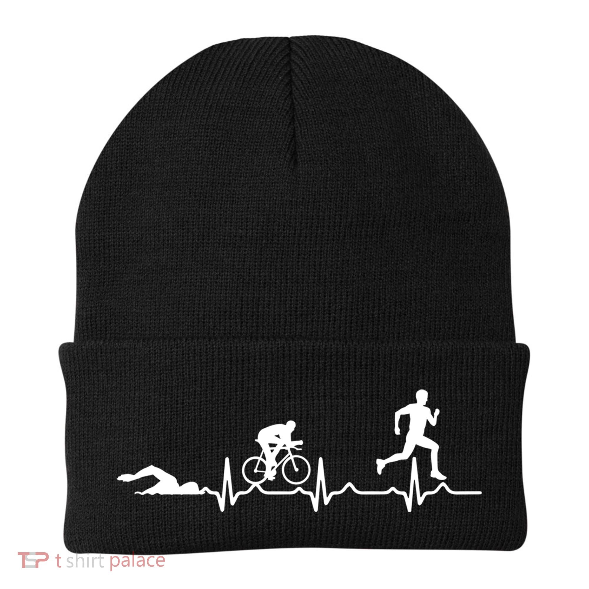 Triathlon Heartbeat Swim Cycle Run Athletes Cool Gift Beanie
