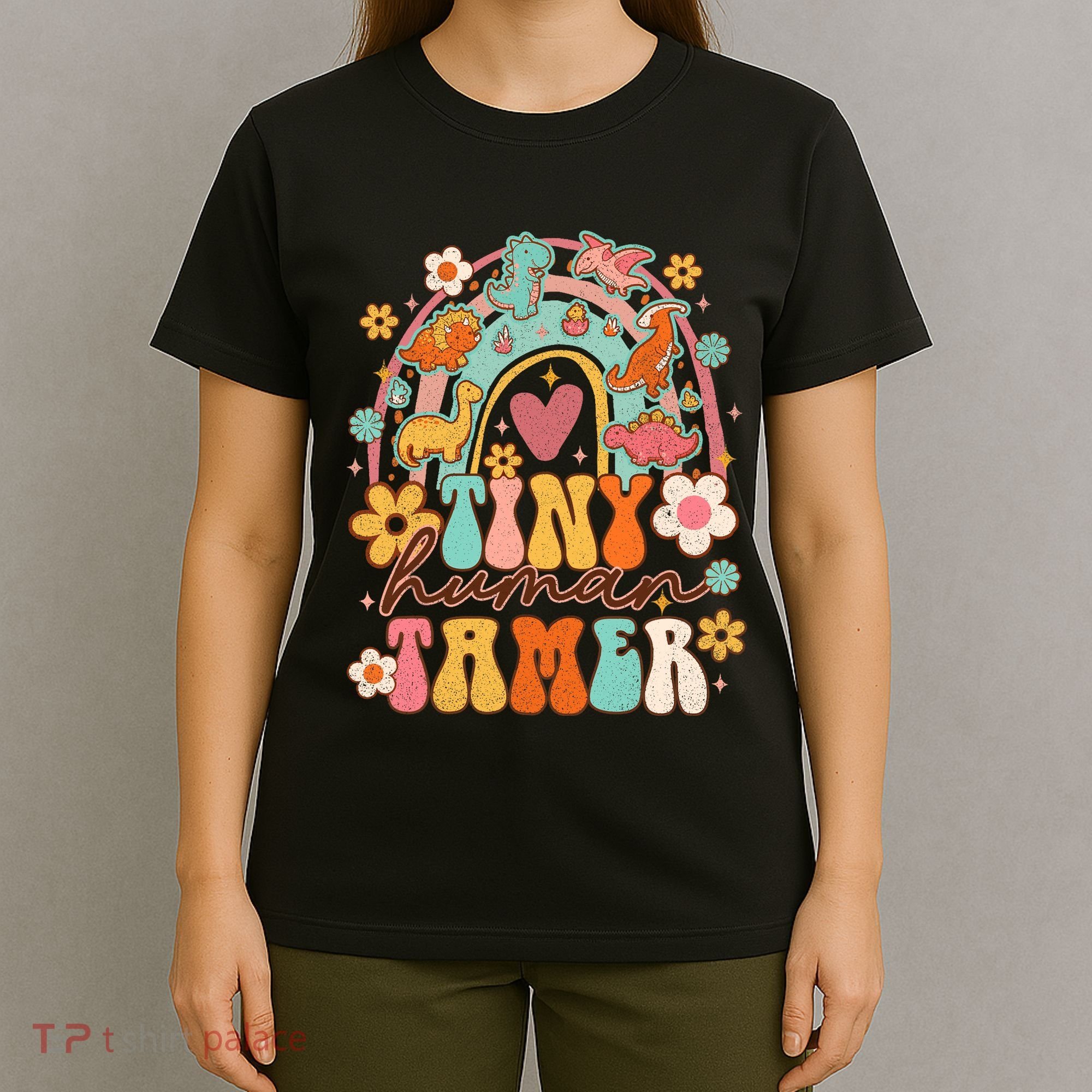 Tiny Human Tamer Groovy Rainbow Daycare Provider Teacher T-Shirt
