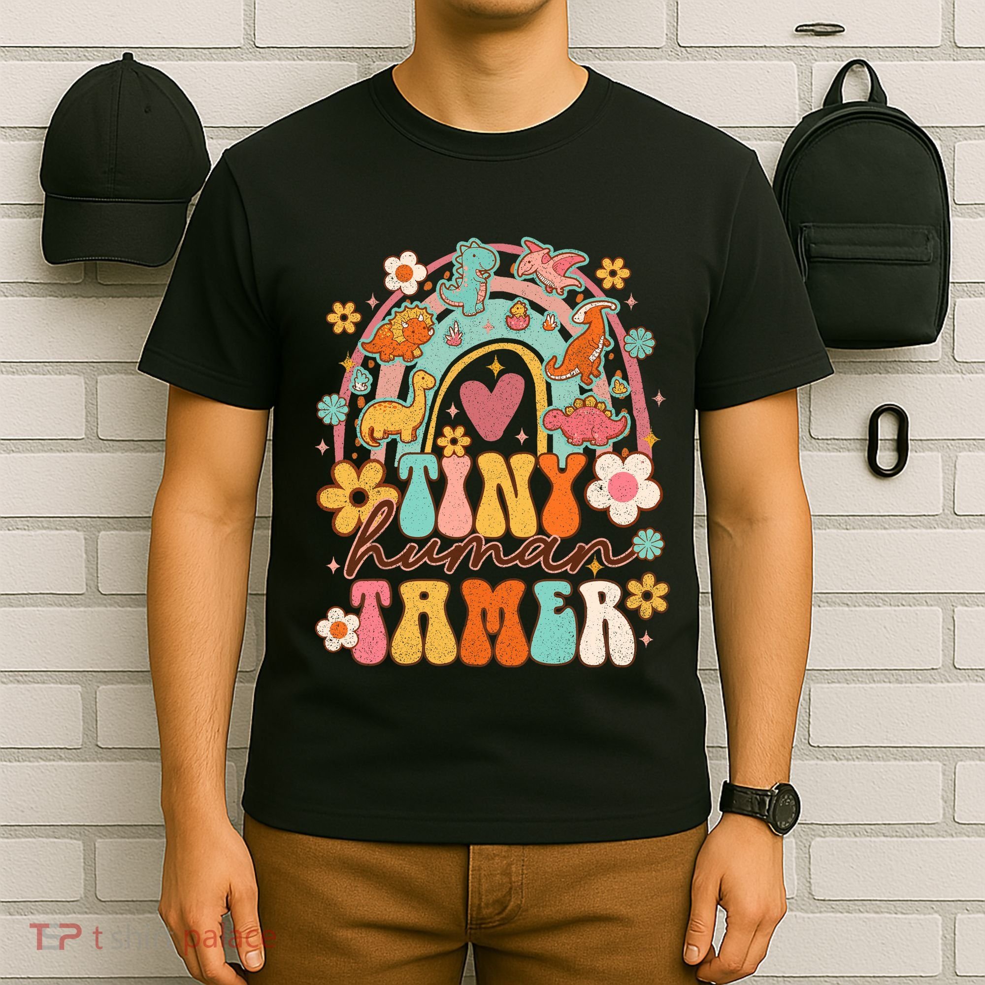 Tiny Human Tamer Groovy Rainbow Daycare Provider Teacher T-Shirt