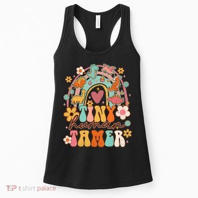 Tiny Human Tamer Groovy Rainbow Daycare Provider Teacher Women's Tank Top