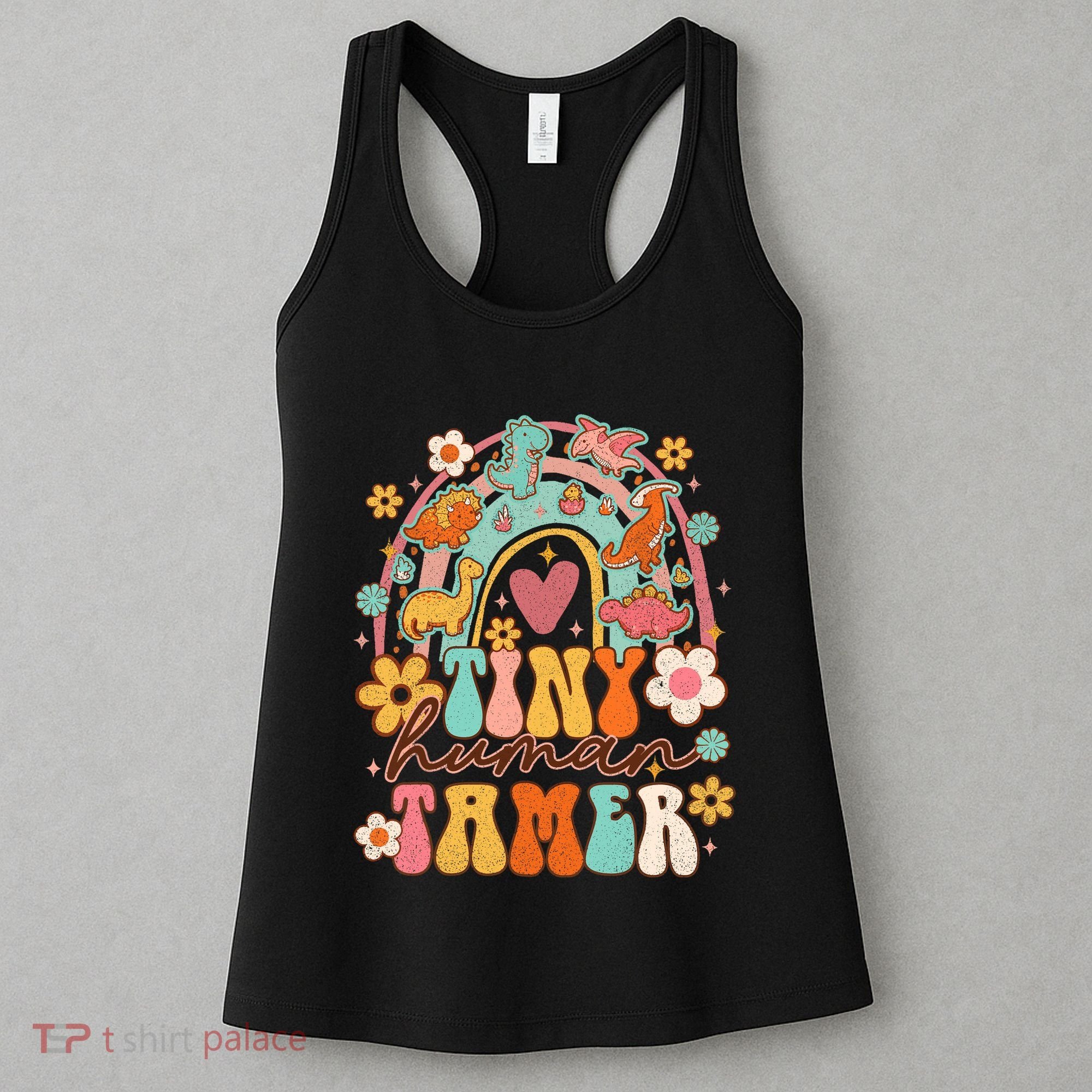 Tiny Human Tamer Groovy Rainbow Daycare Provider Teacher Women's Tank Top