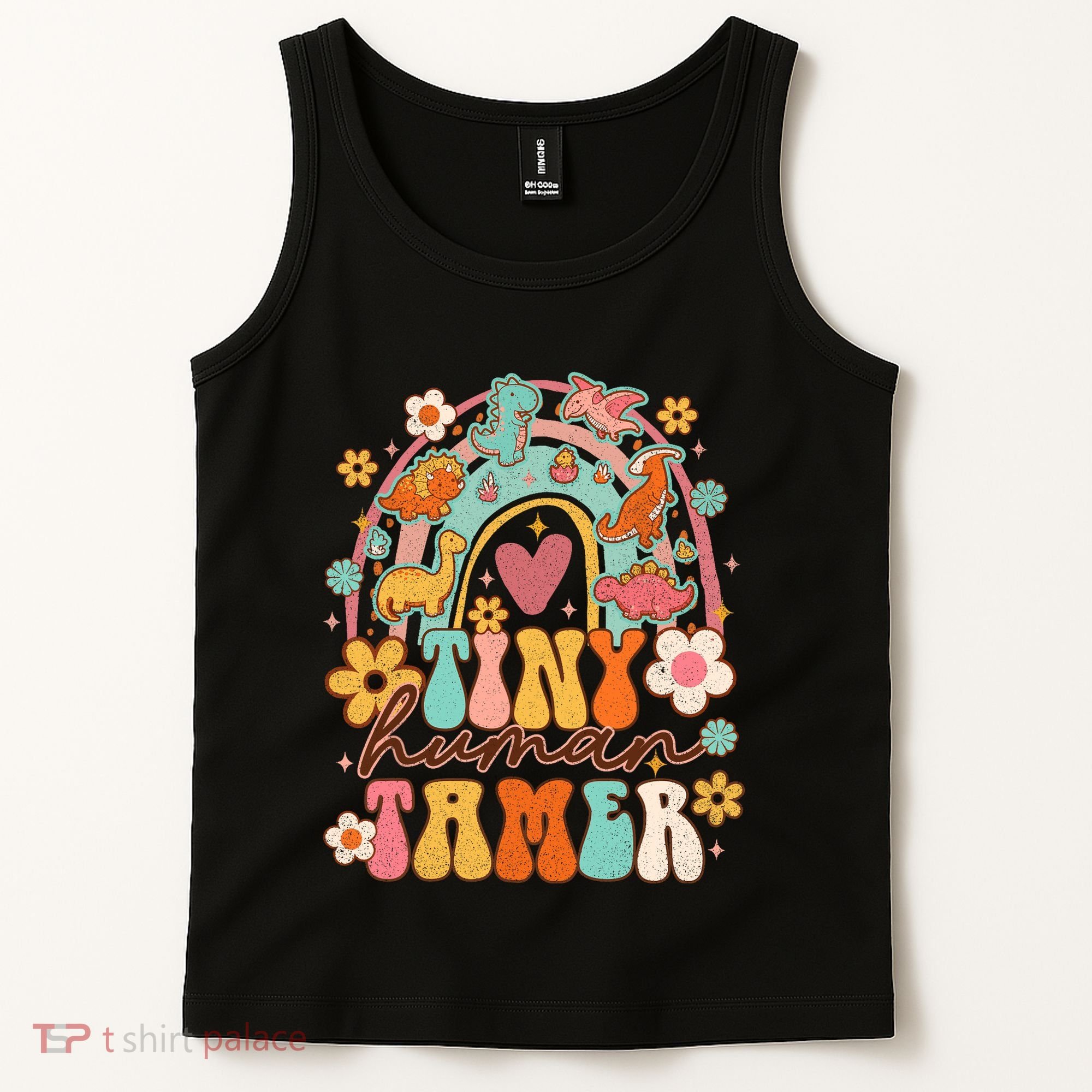 Tiny Human Tamer Groovy Rainbow Daycare Provider Teacher Tank Top