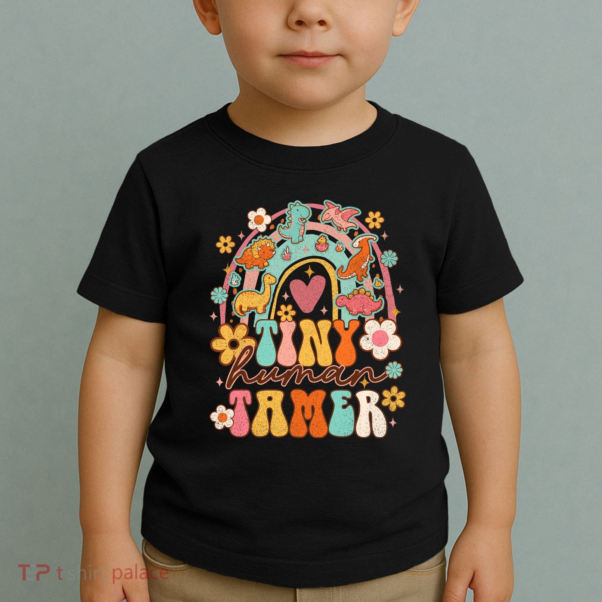 Tiny Human Tamer Groovy Rainbow Daycare Provider Teacher Toddler T-Shirt