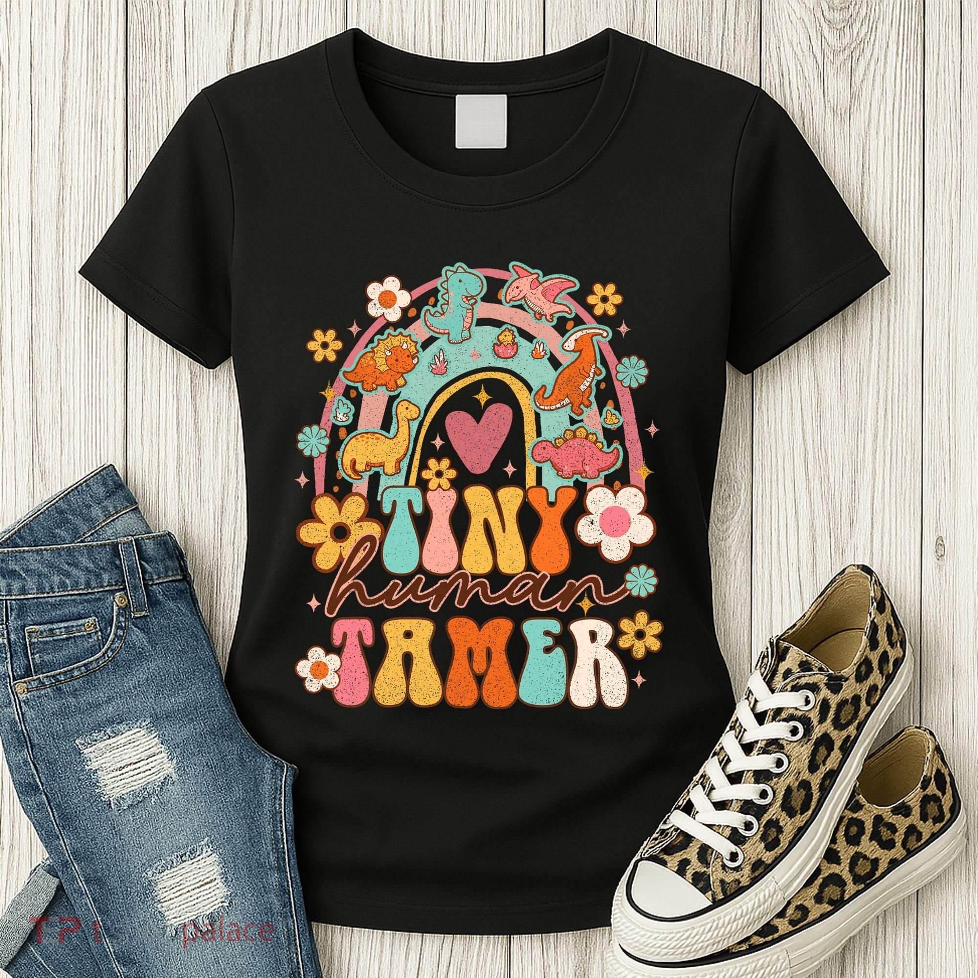 Tiny Human Tamer Groovy Rainbow Daycare Provider Teacher Women's T-Shirt
