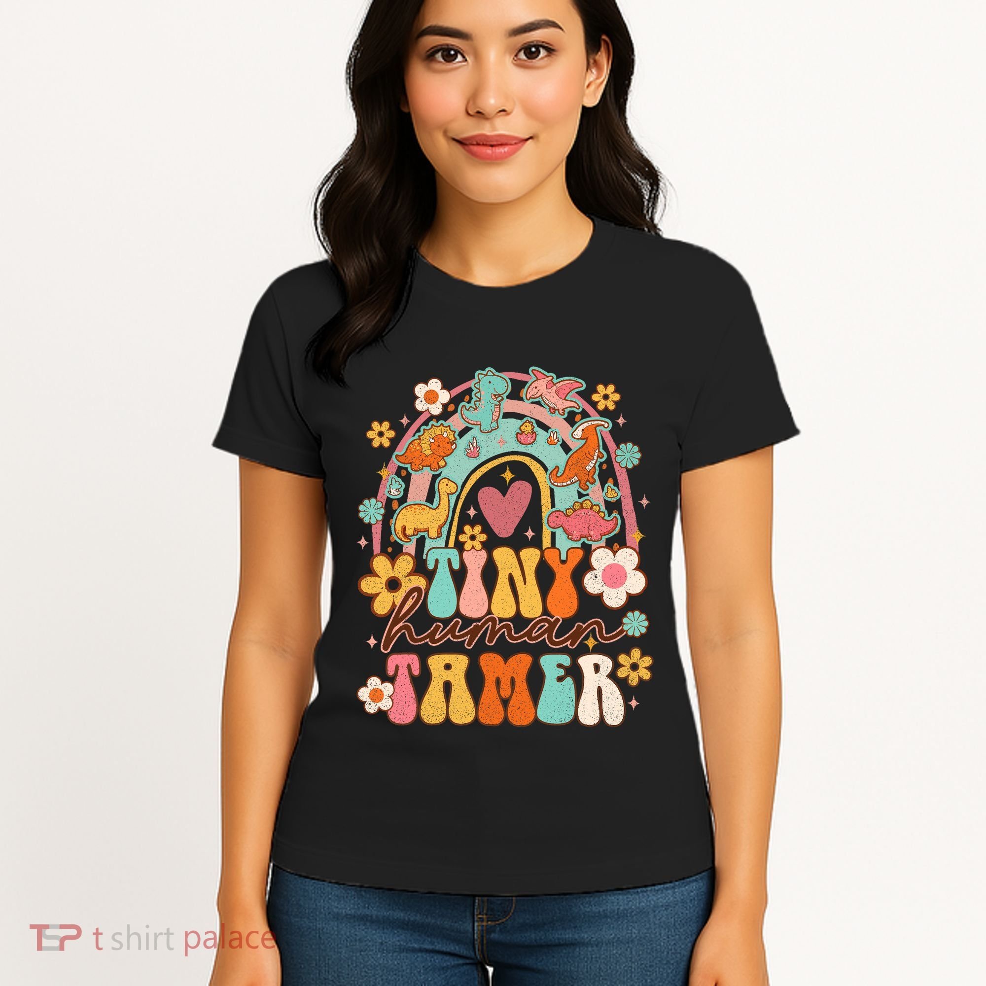 Tiny Human Tamer Groovy Rainbow Daycare Provider Teacher Women's T-Shirt
