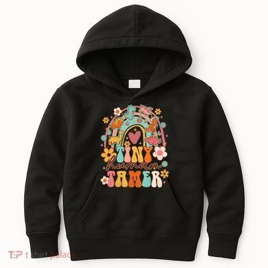 Tiny Human Tamer Groovy Rainbow Daycare Provider Teacher Kids Hoodie