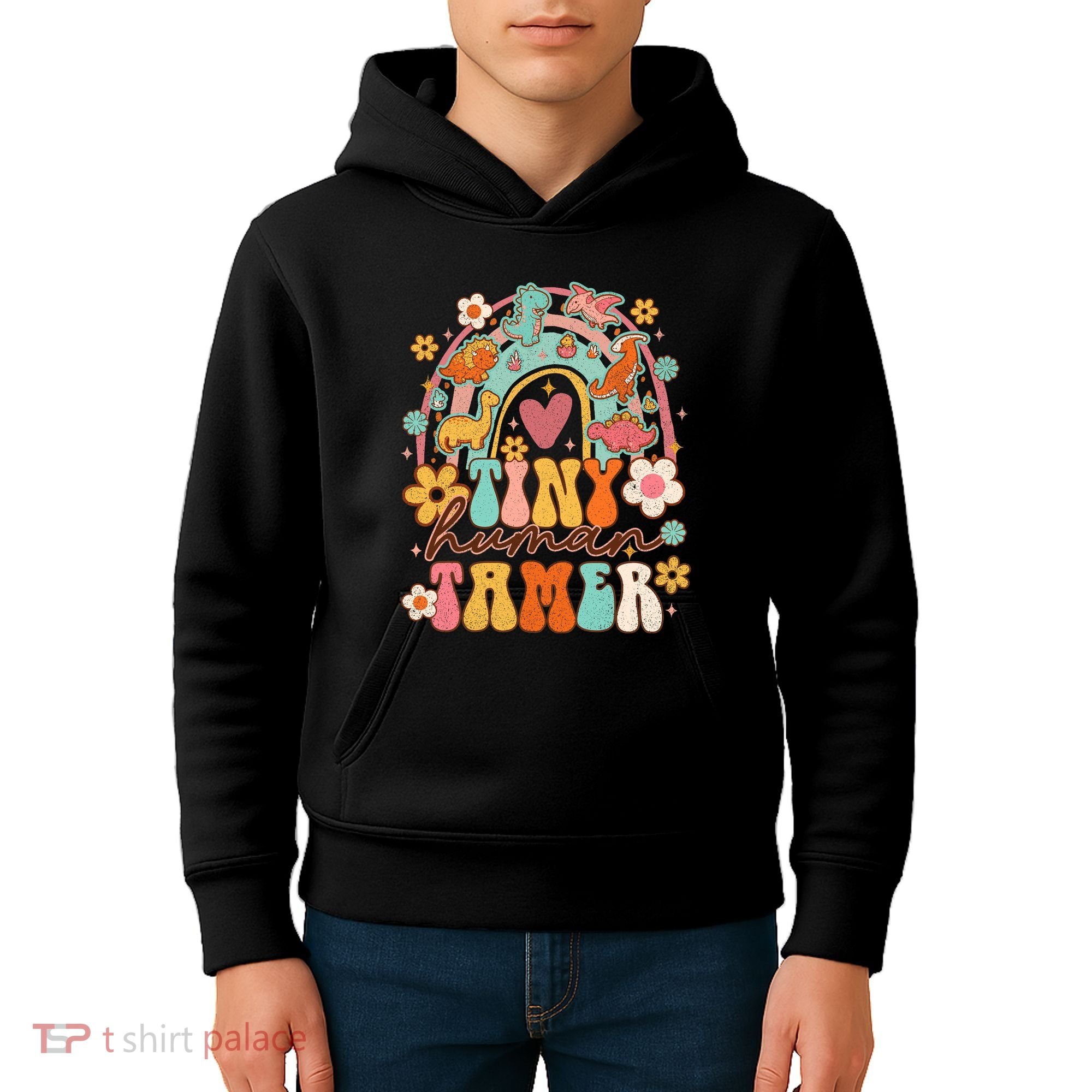 Tiny Human Tamer Groovy Rainbow Daycare Provider Teacher Kids Hoodie