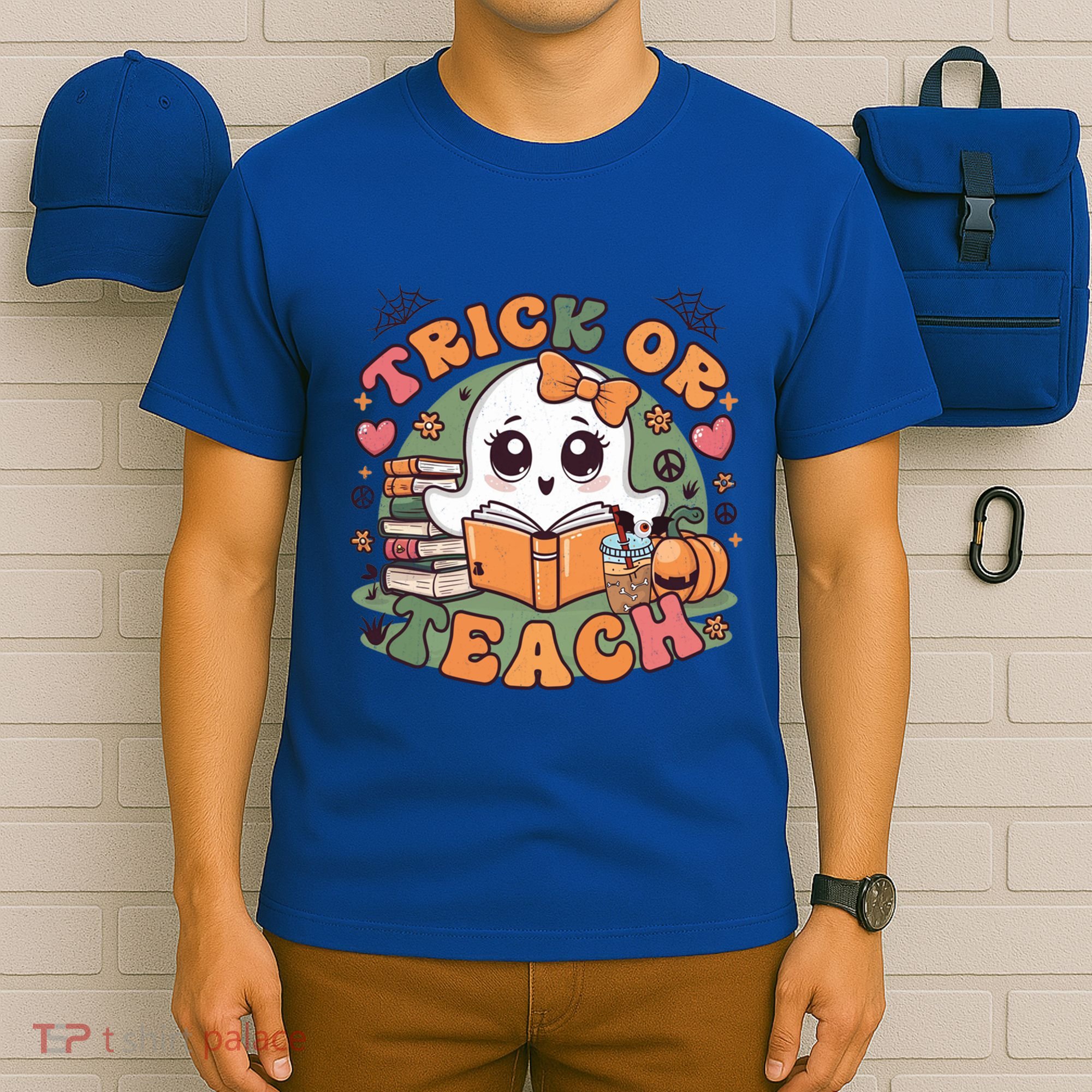 Teacher Halloween Trick Or Teach Cute Ghost Coffee Pumpkins Gift T-Shirt