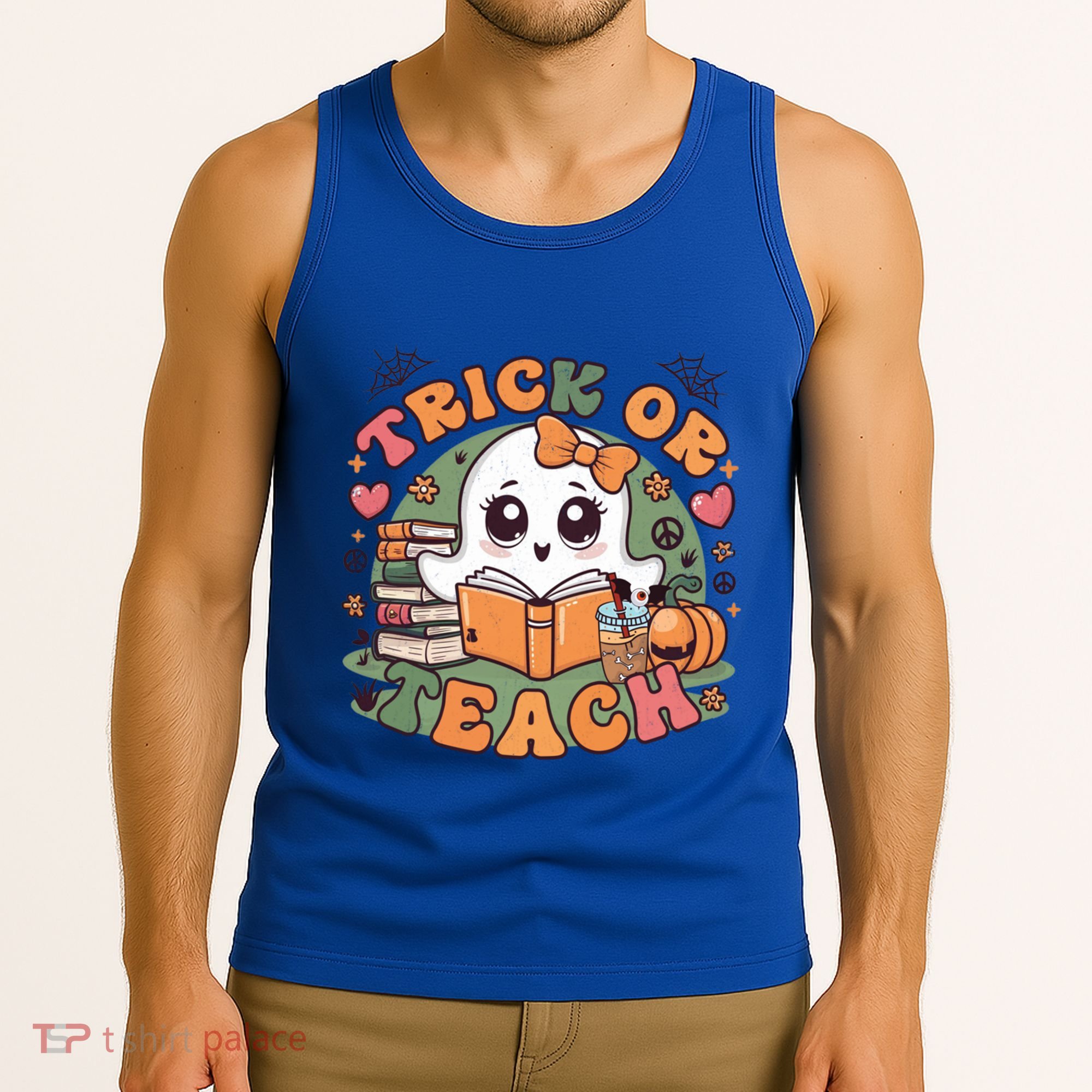 Teacher Halloween Trick Or Teach Cute Ghost Coffee Pumpkins Gift Tank Top