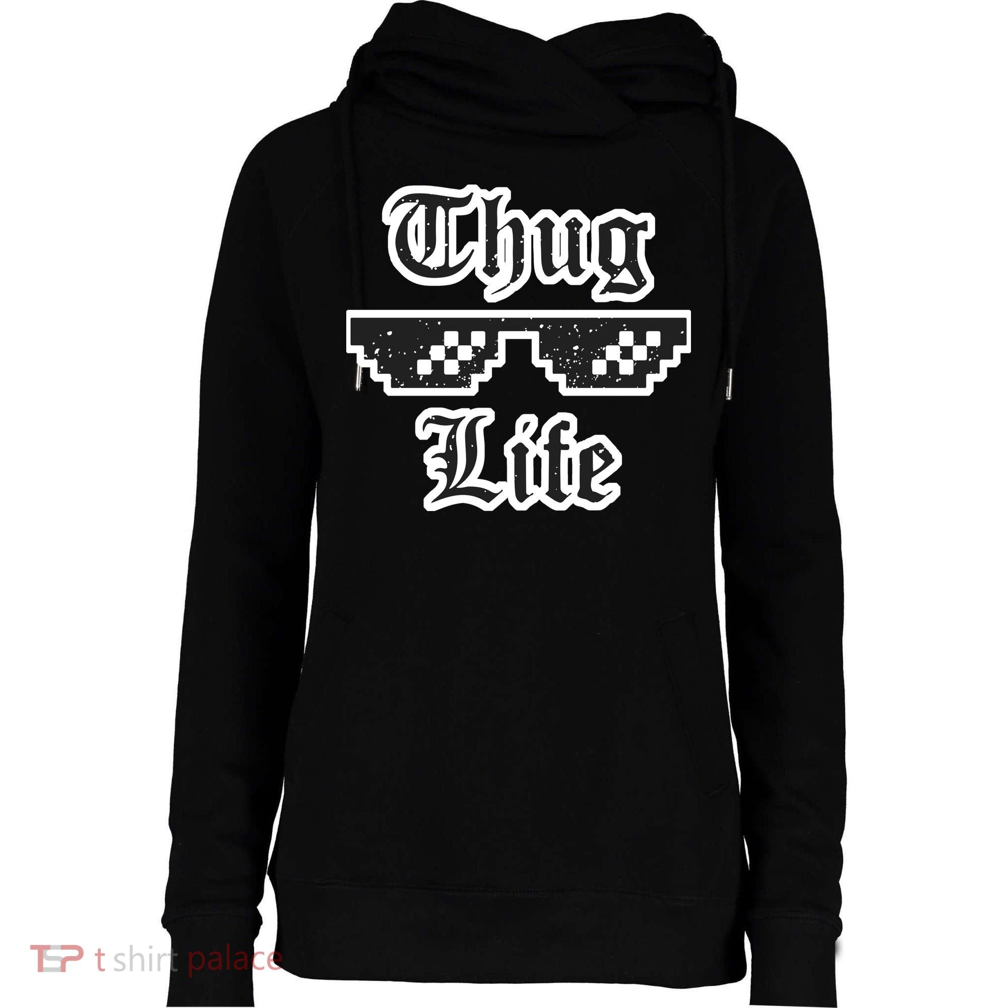 Thug Life Retro Glasses Meme Womens Funnel Neck Pullover Hood