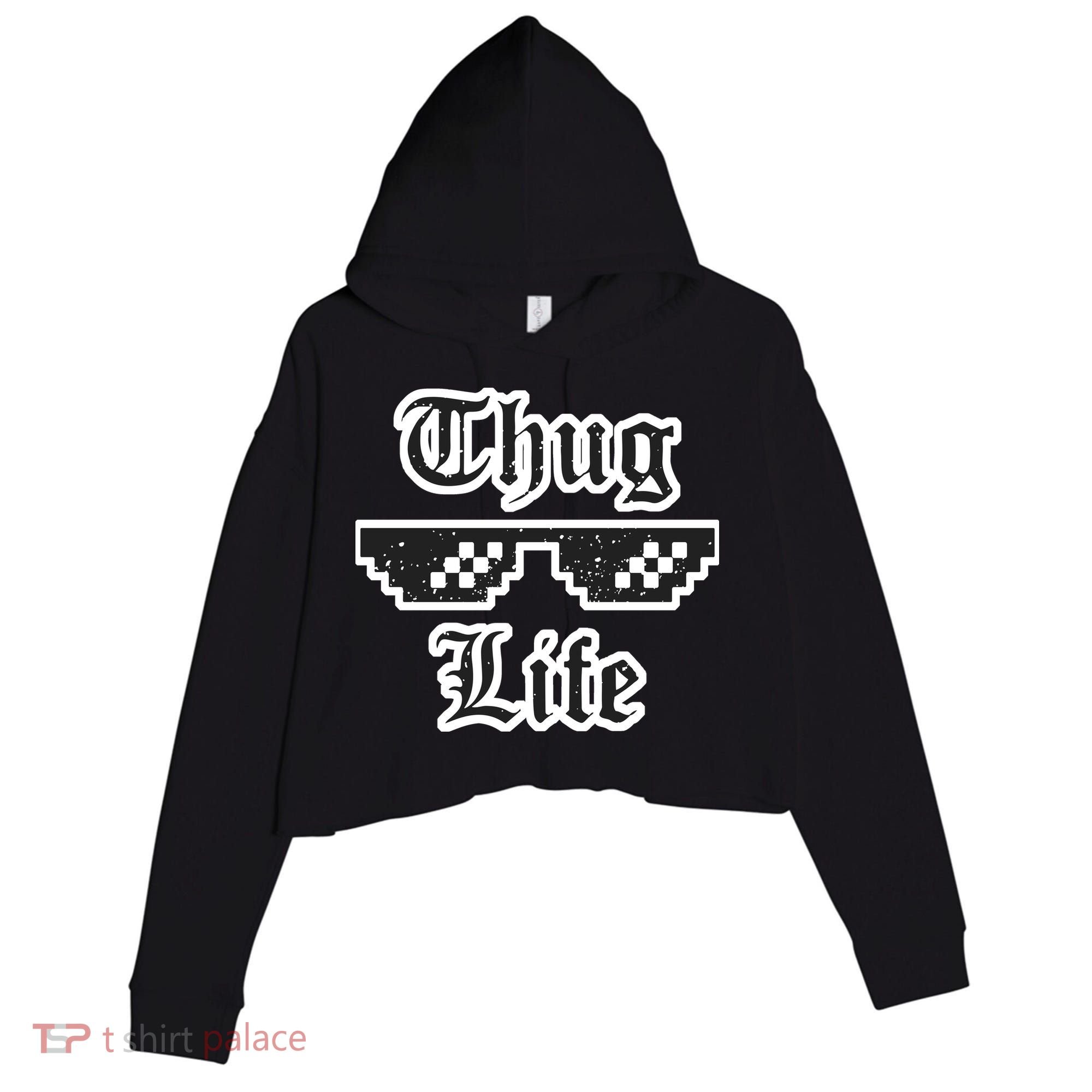Thug Life Retro Glasses Meme Crop Fleece Hoodie