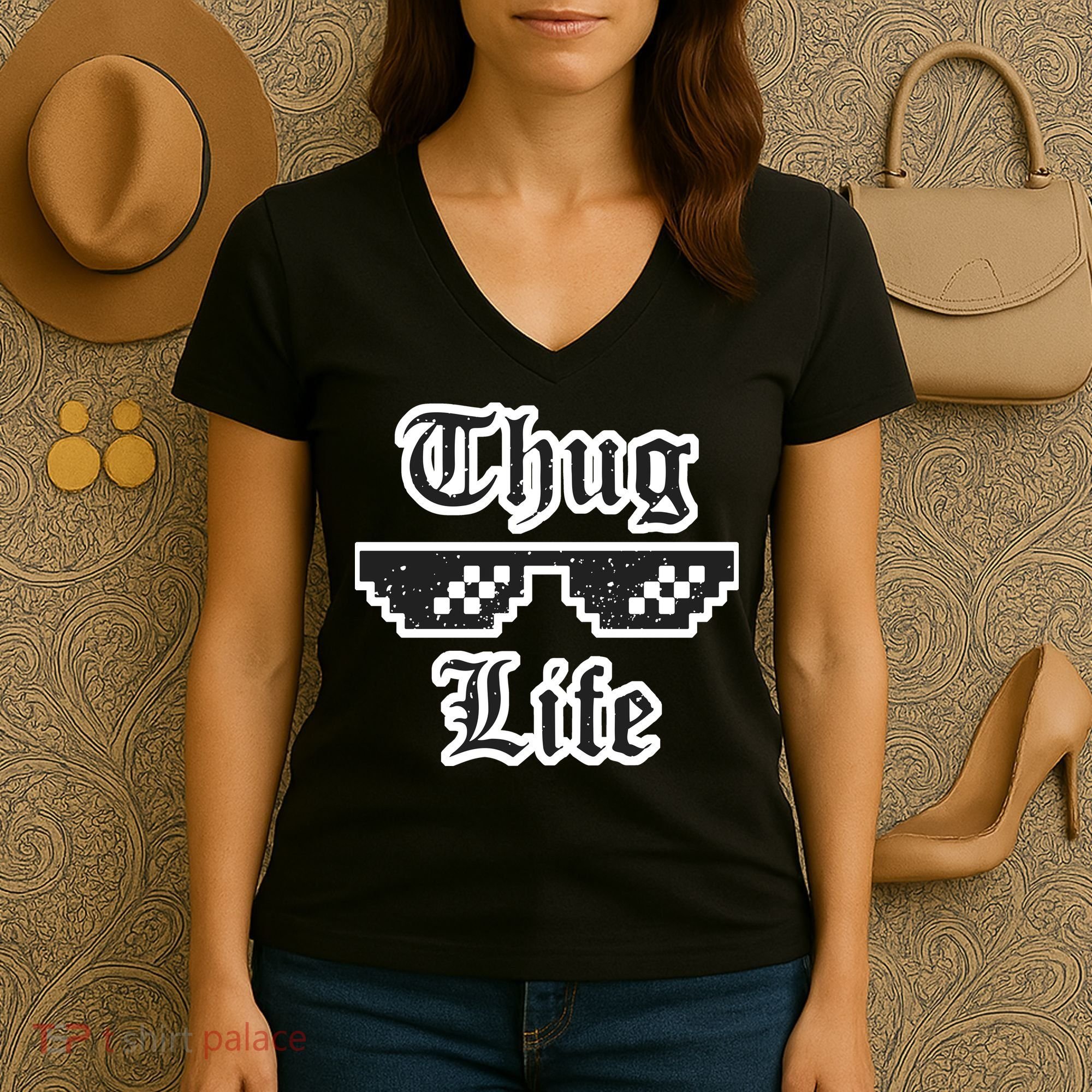 Thug Life Retro Glasses Meme Women's V-Neck T-Shirt