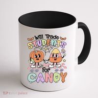 Teacher Halloween Will Trade Students For Candy Retro Coffee Mug thumb 1