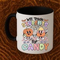 Teacher Halloween Will Trade Students For Candy Retro Coffee Mug thumb 2
