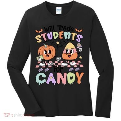 Teacher Halloween Will Trade Students For Candy Retro Women's Long Sleeve Shirt