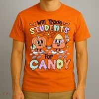 Teacher Halloween Will Trade Students For Candy Retro T-Shirt thumb 3