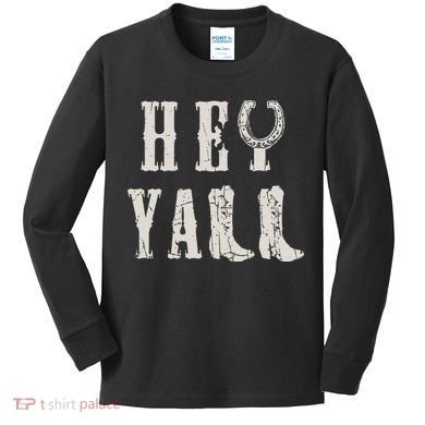 Trendy Hey Y'all Horseshoe And Boots Quote Kids Long Sleeve Shirt
