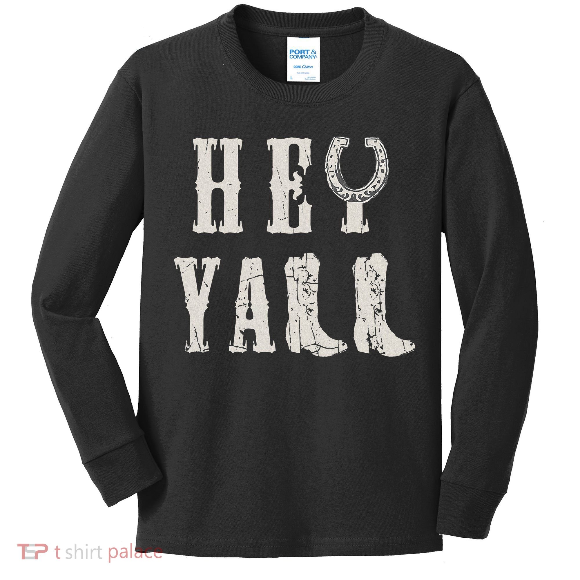 Trendy Hey Y'all Horseshoe And Boots Quote Kids Long Sleeve Shirt
