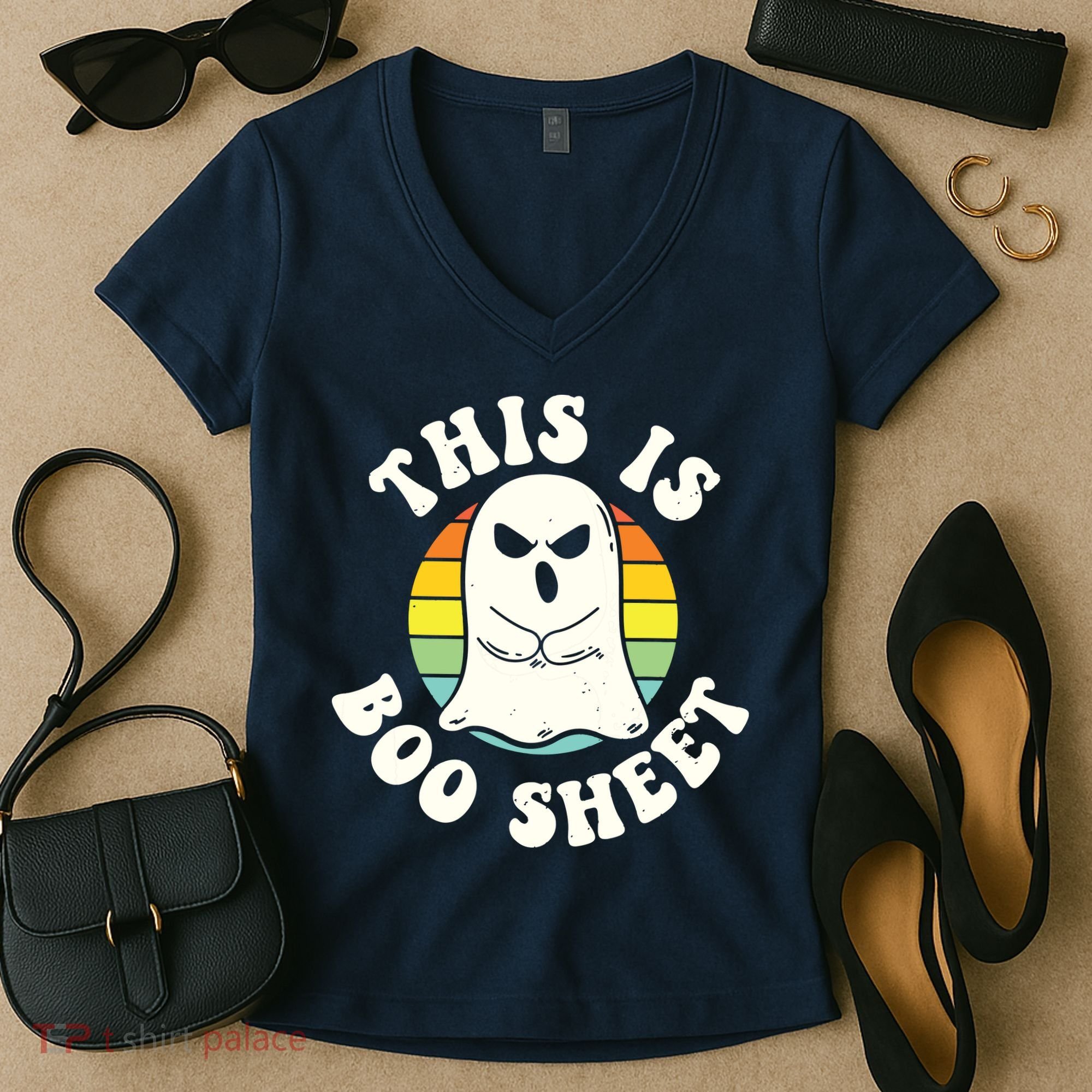 This Is Boo Sheet Ghost Retro Halloween Costume Women's V-Neck T-Shirt