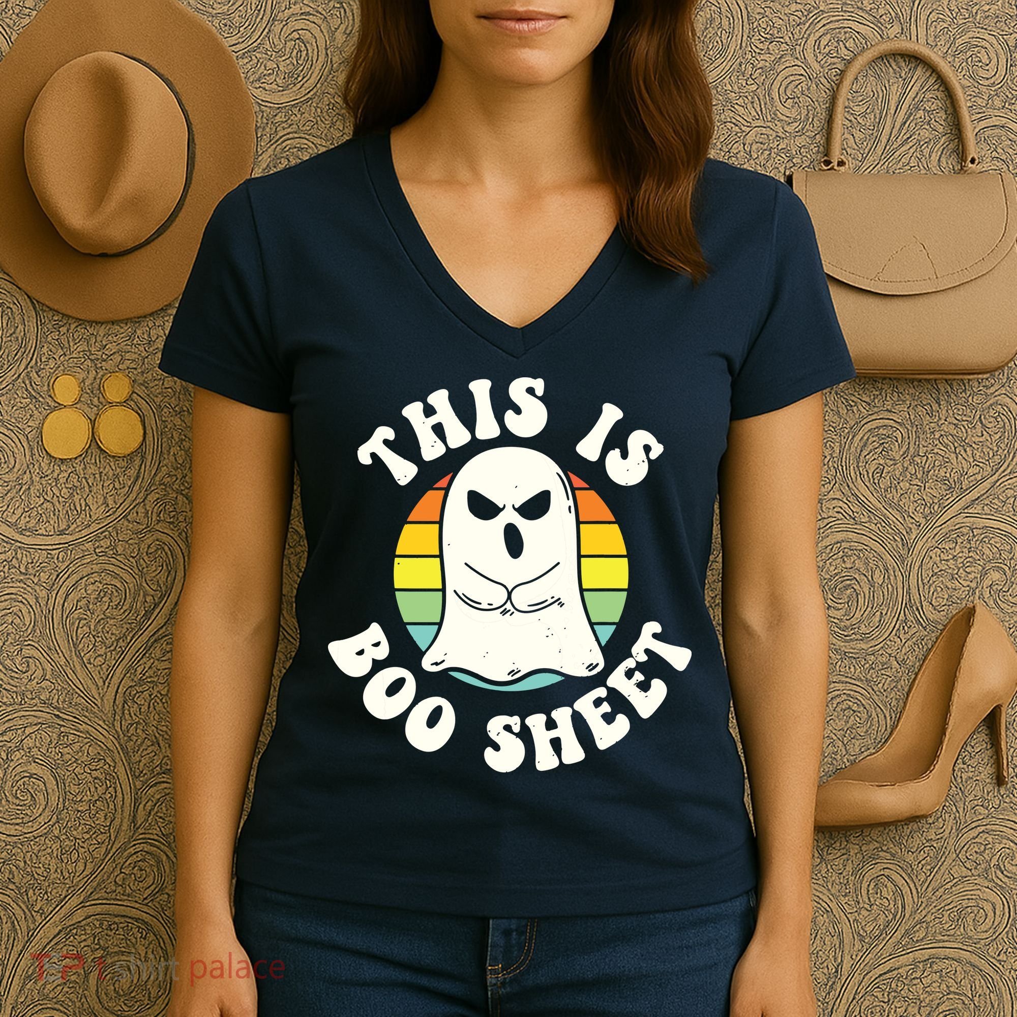 This Is Boo Sheet Ghost Retro Halloween Costume Women's V-Neck T-Shirt