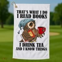 Thats I Do I Read Books Drink Tea And Know Things Funny Owl Golf Towel thumb 1