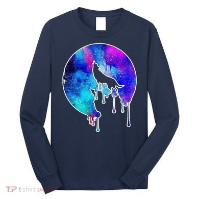 Tie Die Colorful Wolf Howling Dripping Moon  Long Sleeve Shirt