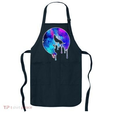 Tie Die Colorful Wolf Howling Dripping Moon  Apron