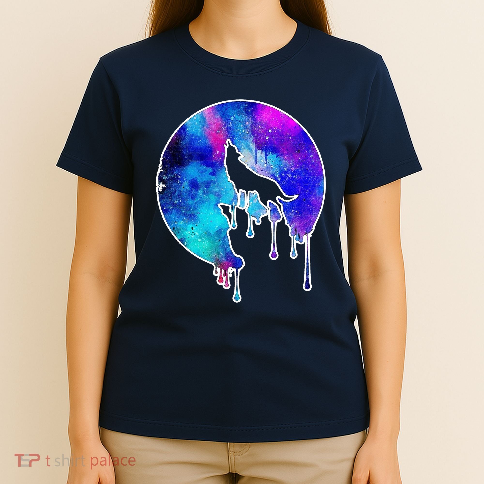 Tie Die Colorful Wolf Howling Dripping Moon  T-Shirt