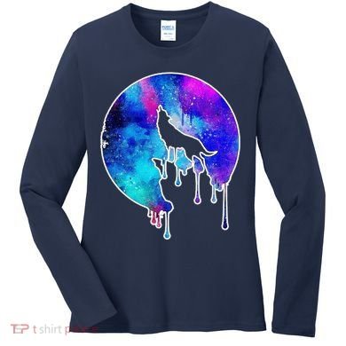 Tie Die Colorful Wolf Howling Dripping Moon  Women's Long Sleeve Shirt