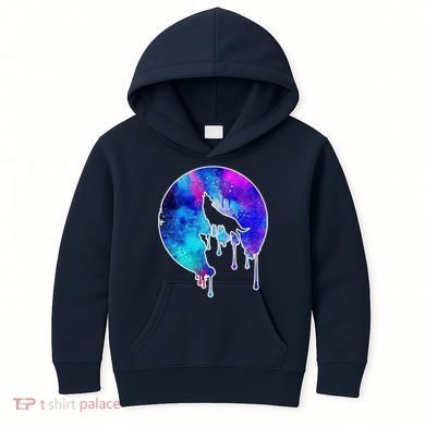 Tie Die Colorful Wolf Howling Dripping Moon  Kids Hoodie