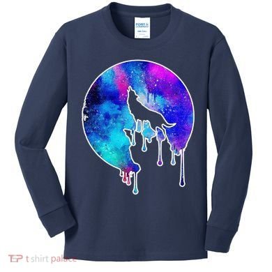 Tie Die Colorful Wolf Howling Dripping Moon  Kids Long Sleeve Shirt