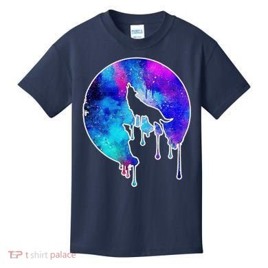 Tie Die Colorful Wolf Howling Dripping Moon  Kids T-Shirt