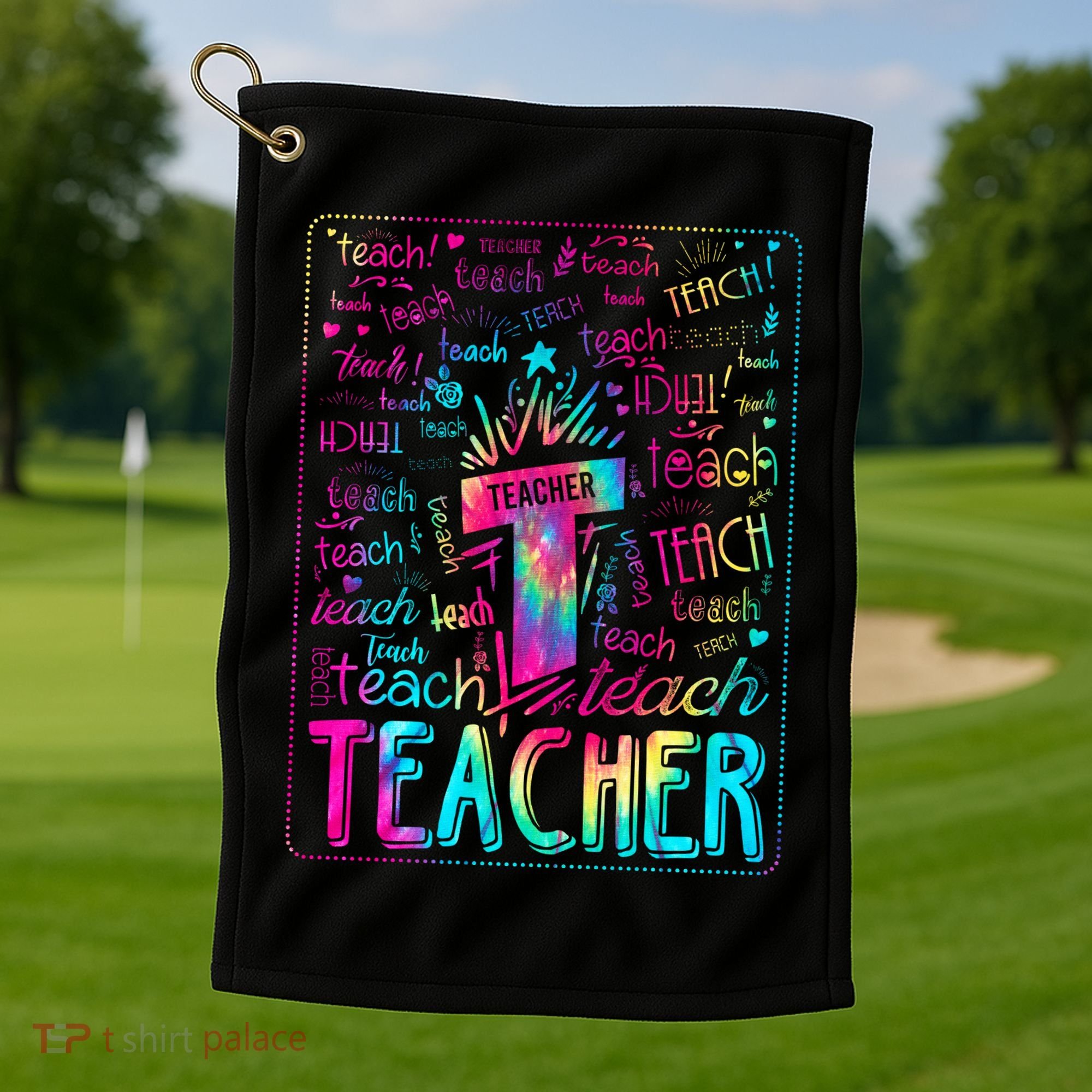 Tie Dye Teacher Typography Word Art Golf Towel