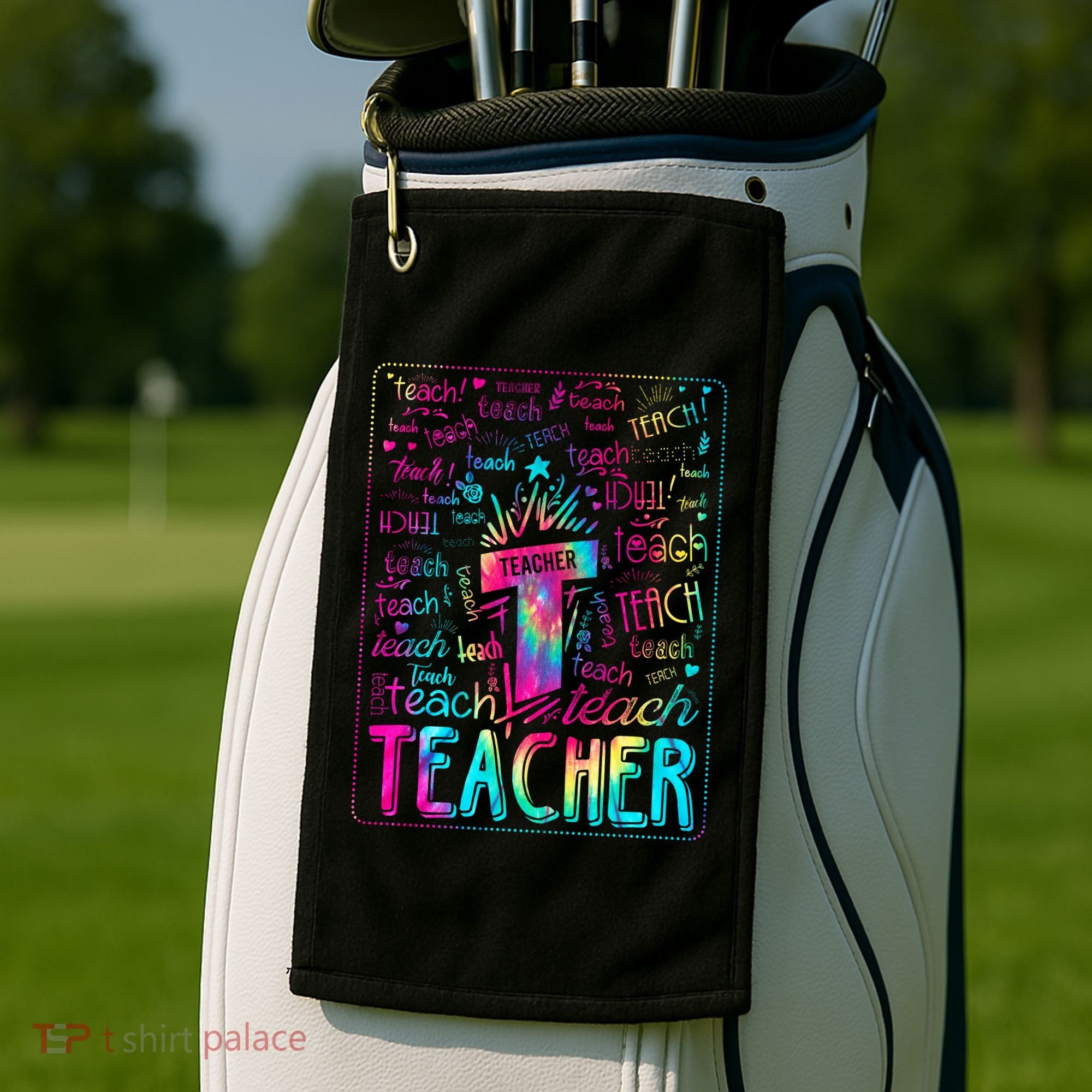 Tie Dye Teacher Typography Word Art Golf Towel
