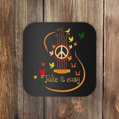 Take It Easy Guitar Peace Sign Hippie Design Coaster
