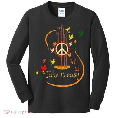 Take It Easy Guitar Peace Sign Hippie Design Kids Long Sleeve Shirt