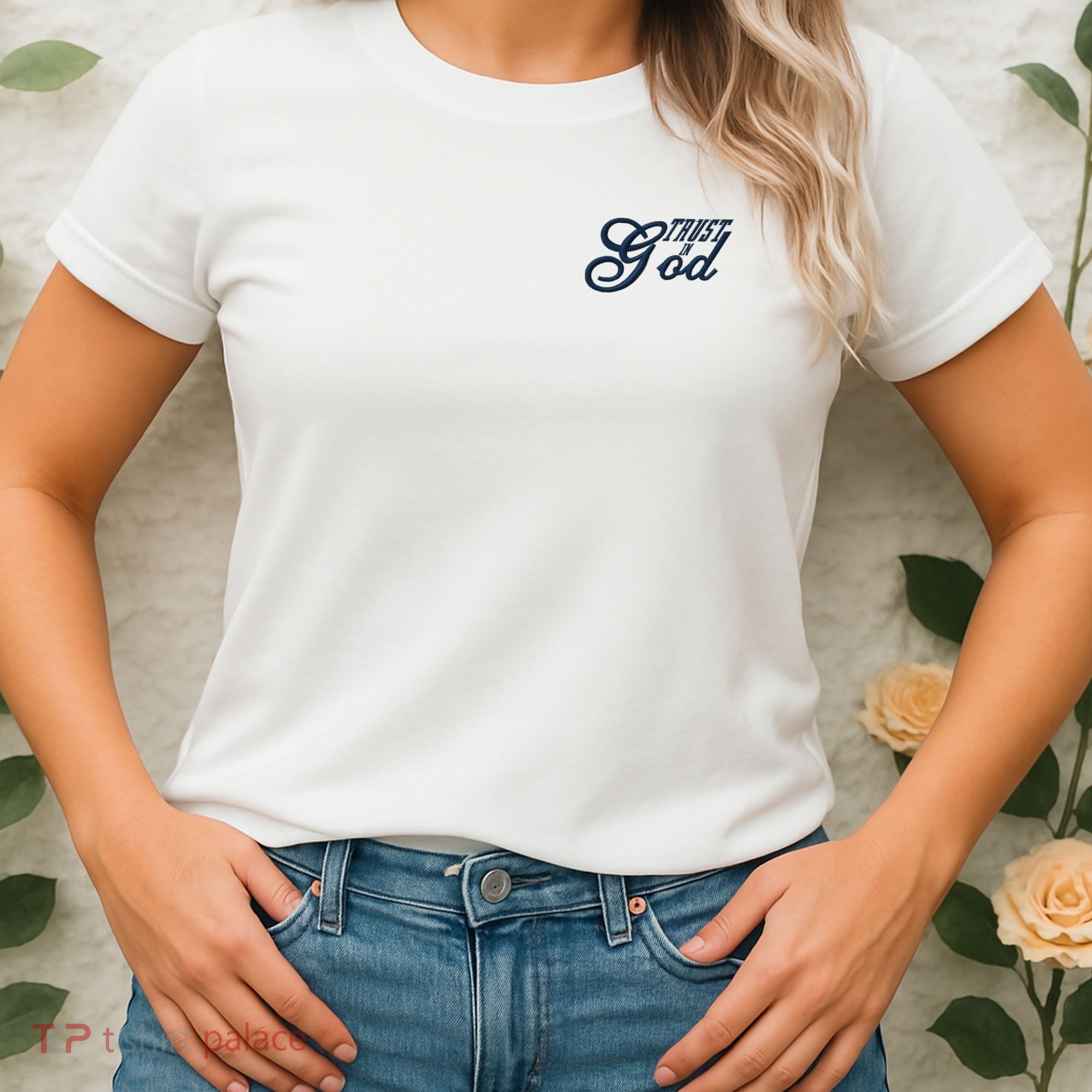 Trust In God Christian Faith In Jesus Midnight Blue Embroidered Embroidered Women's T-Shirt