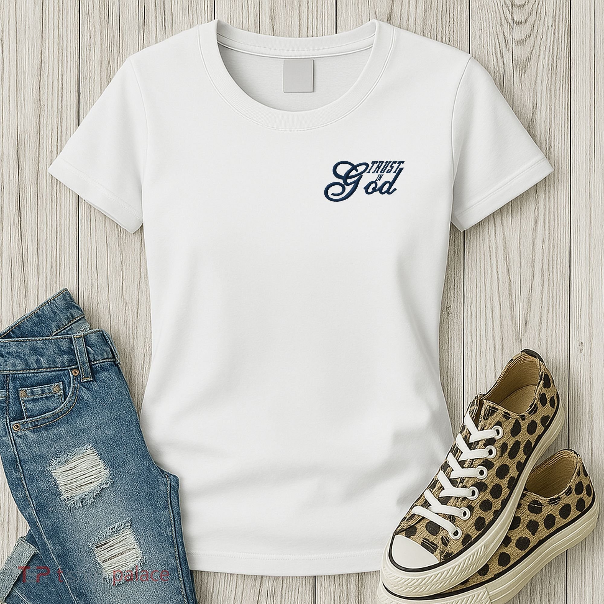 Trust In God Christian Faith In Jesus Midnight Blue Embroidered Embroidered Women's T-Shirt