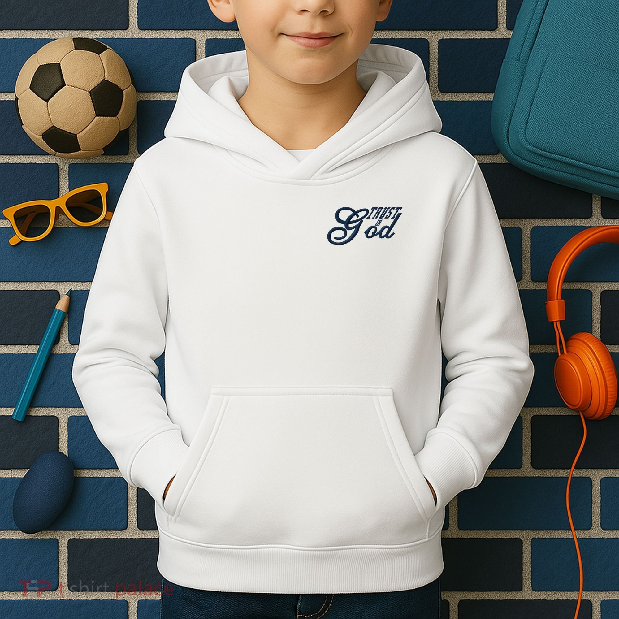 Trust In God Christian Faith In Jesus Midnight Blue Embroidered Embroidered Kids Hoodie
