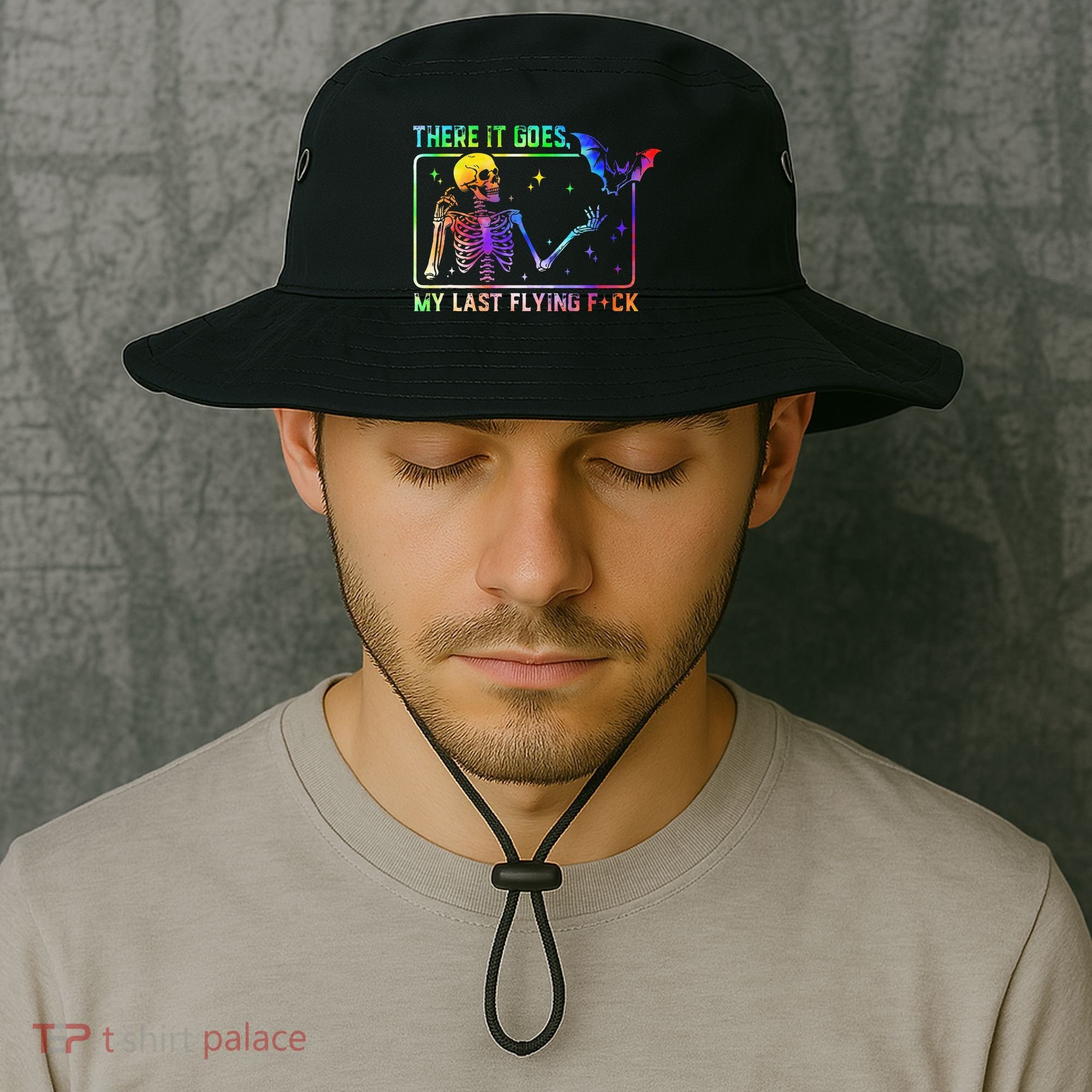 There It Goes My Last Flying Fuck Funny Skeleton Tie Dye Bucket Hat
