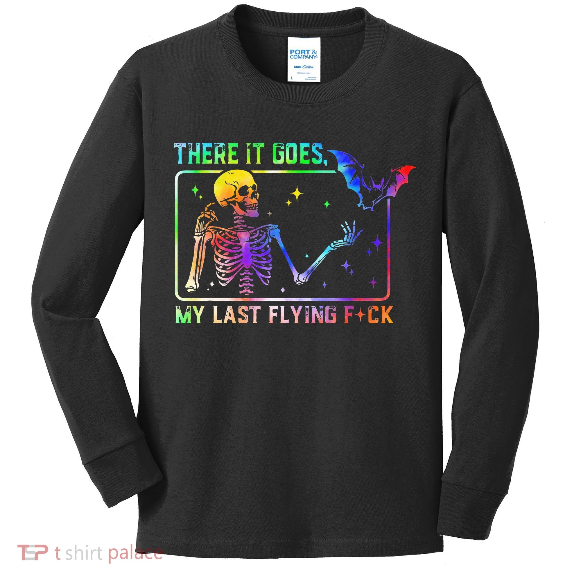 There It Goes My Last Flying Fuck Funny Skeleton Tie Dye Kids Long Sleeve Shirt