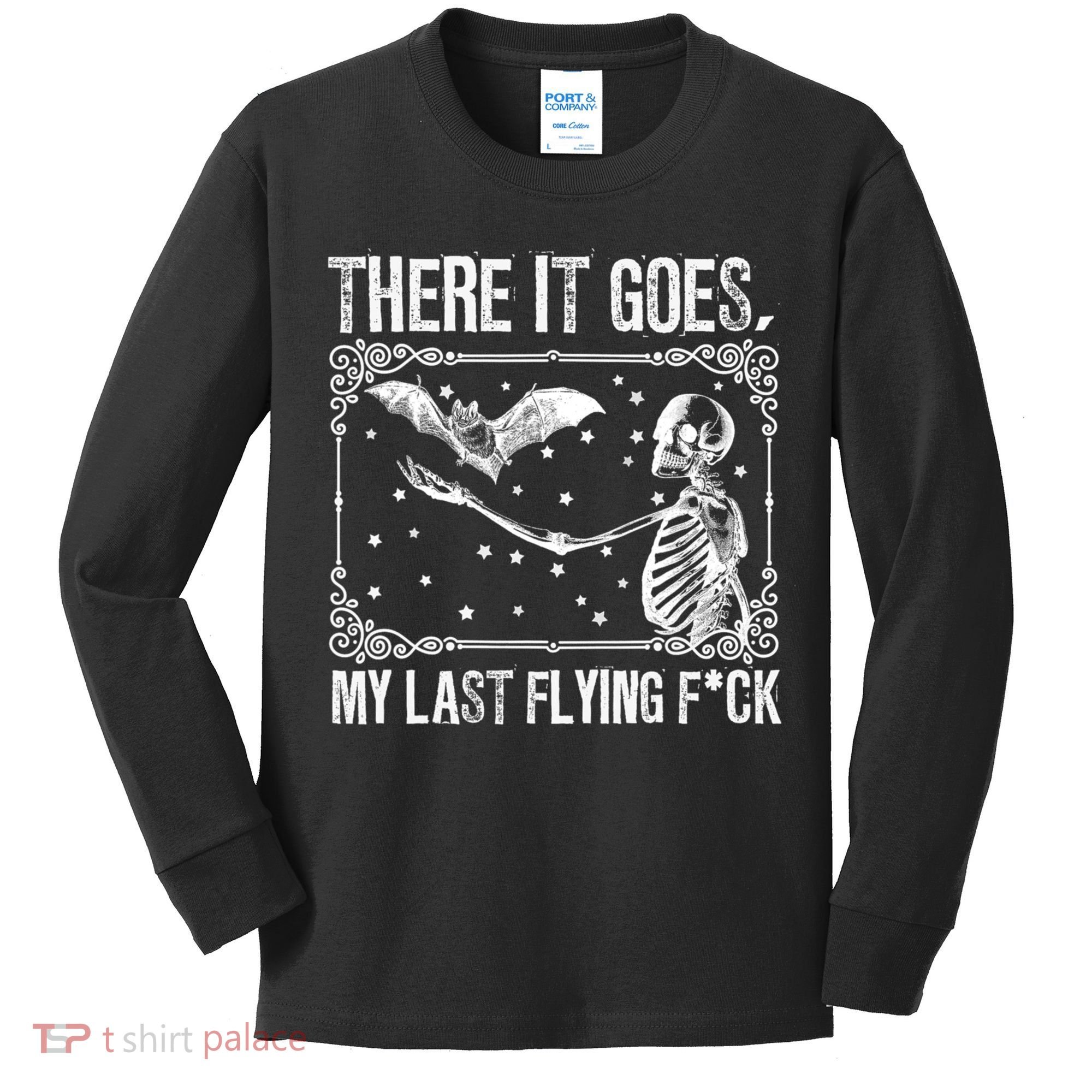 There It Goes My Last Flying Fuck Skeleton Funny Halloween Kids Long Sleeve Shirt