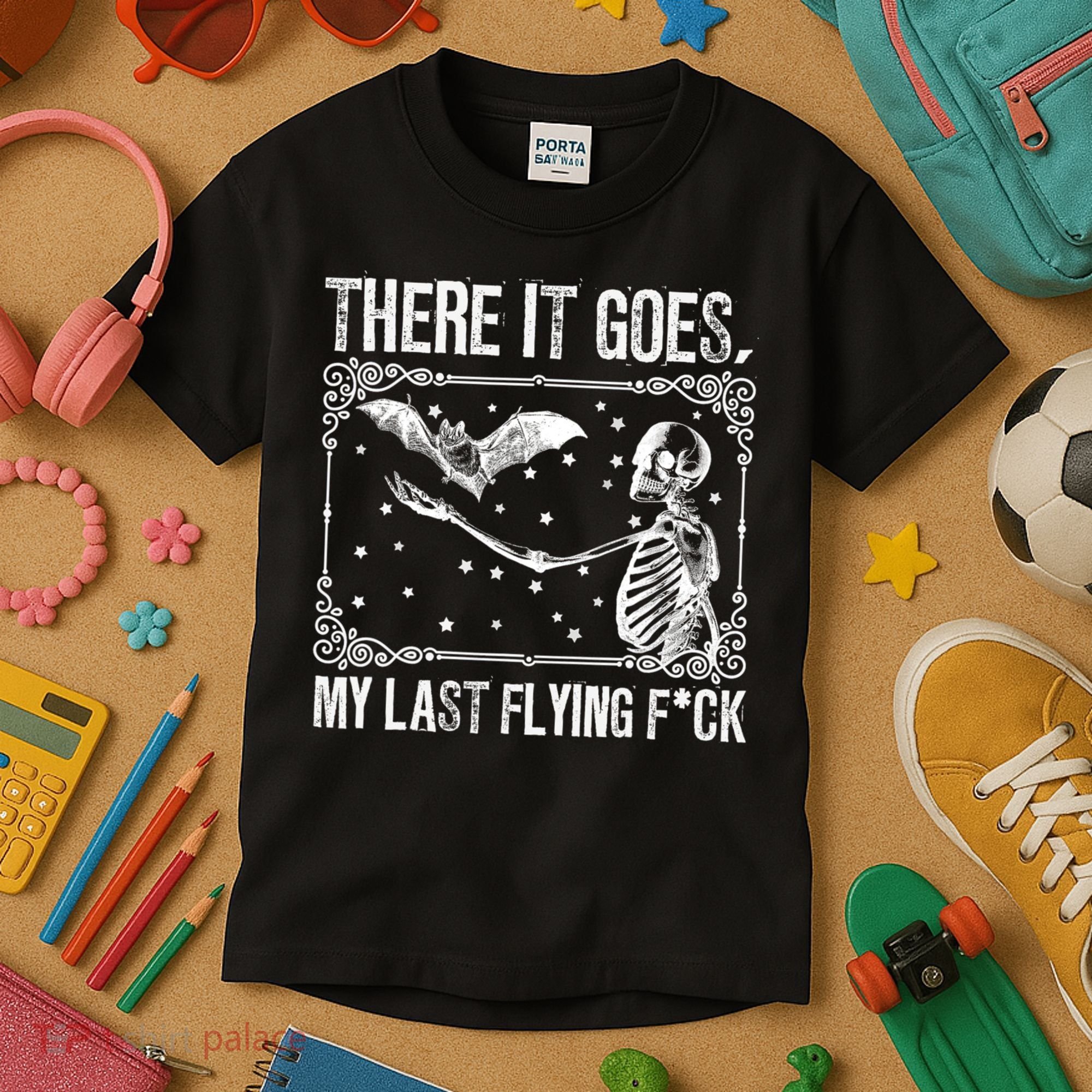 There It Goes My Last Flying Fuck Skeleton Funny Halloween Kids T-Shirt