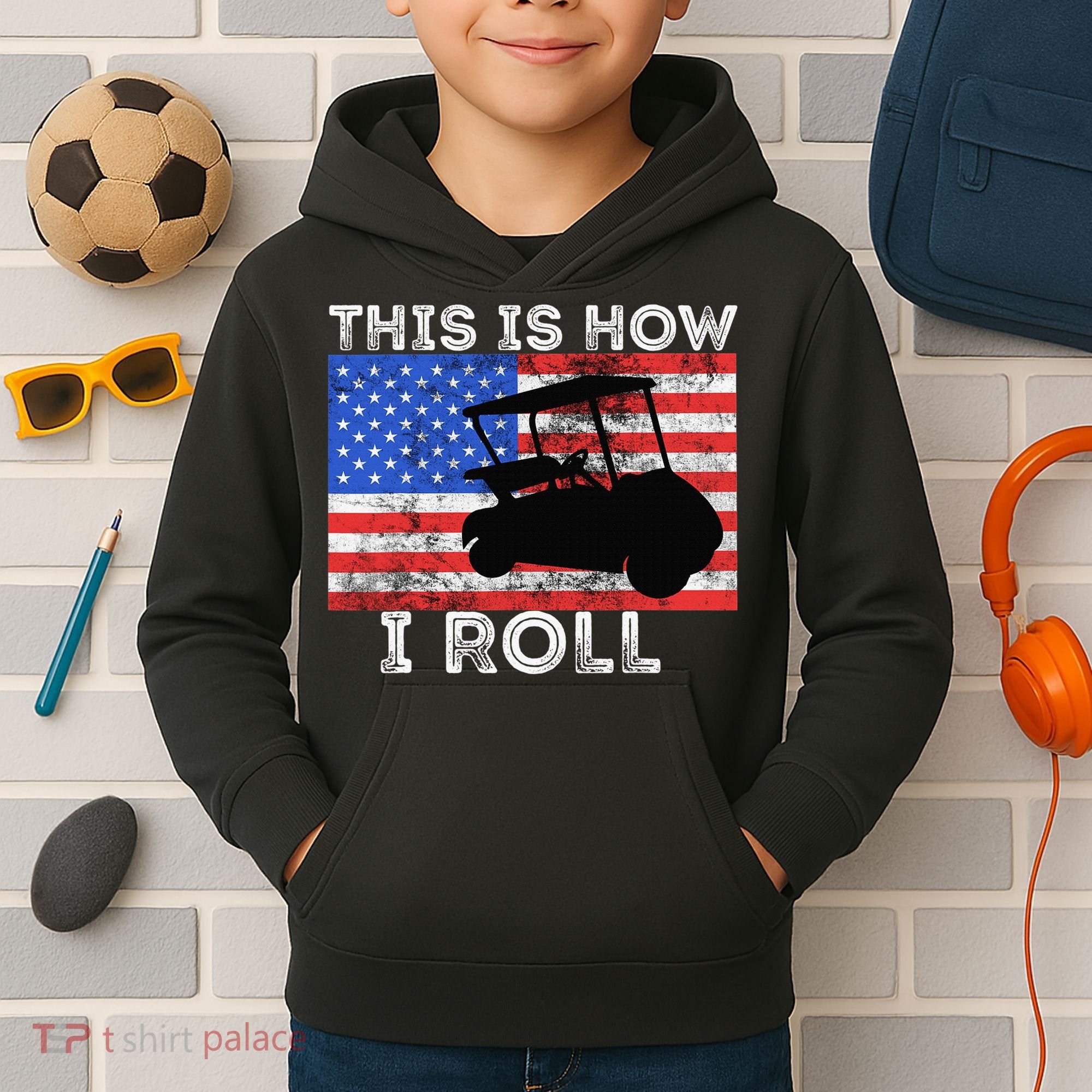 This Is How I Roll Golf Cart Driver American Flag Golfing Kids Hoodie