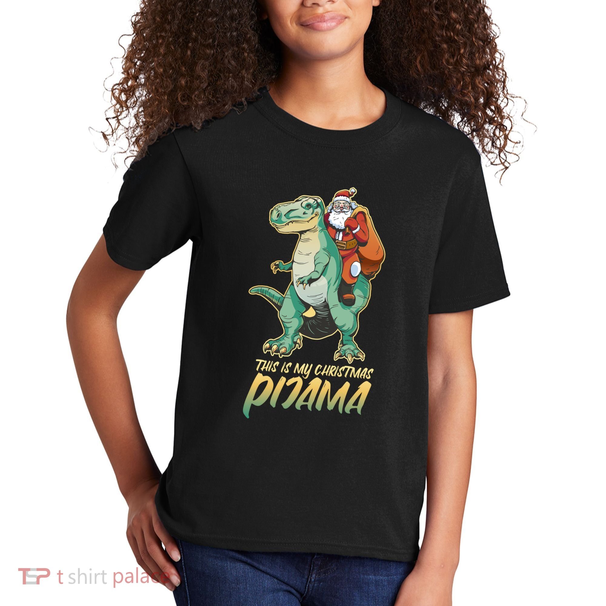 This Is My Christmas Pijama Santa Riding T Rex Kids T-Shirt