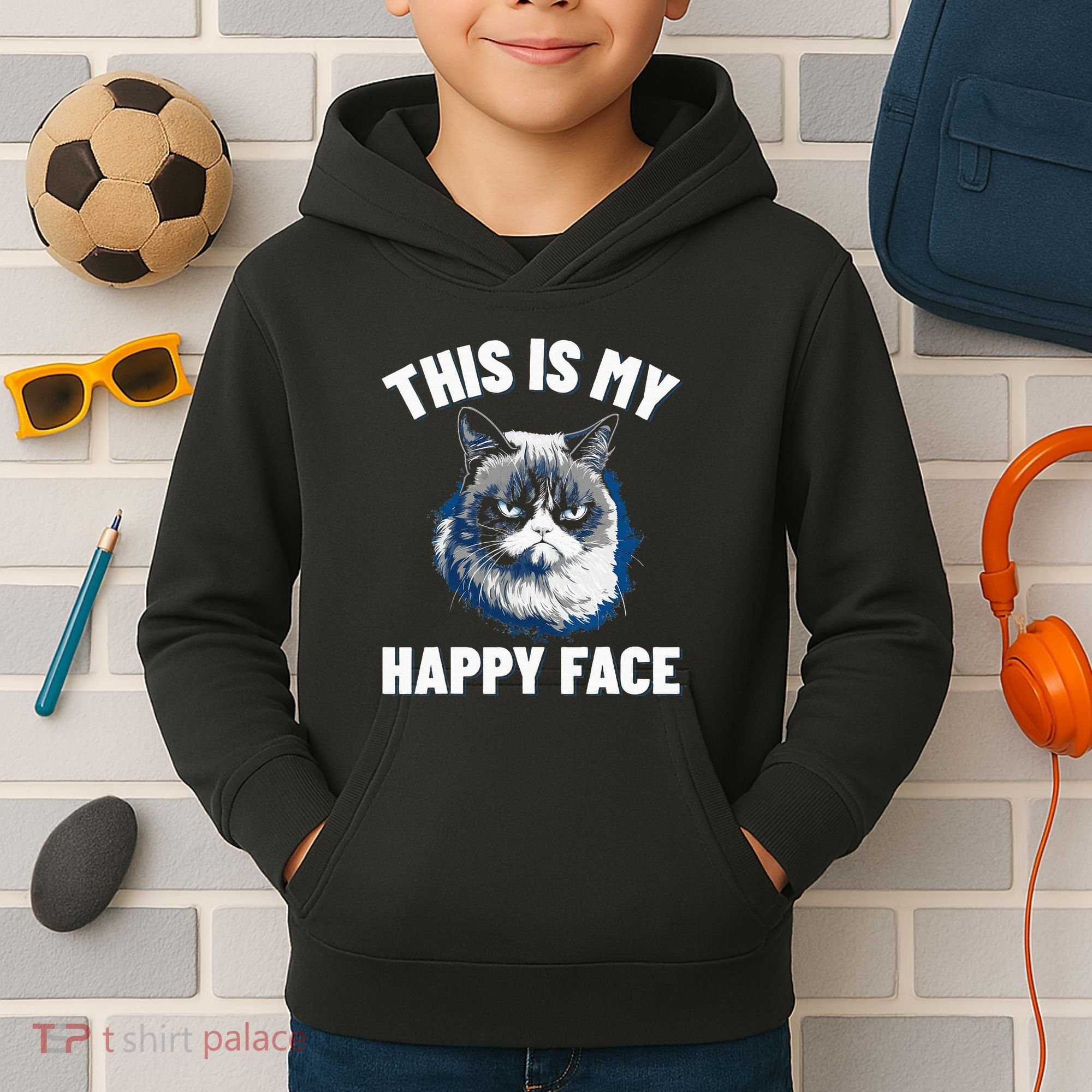 This Is My Happy Face Funny Cat With Grumpy Face Cat Lover Kids Hoodie