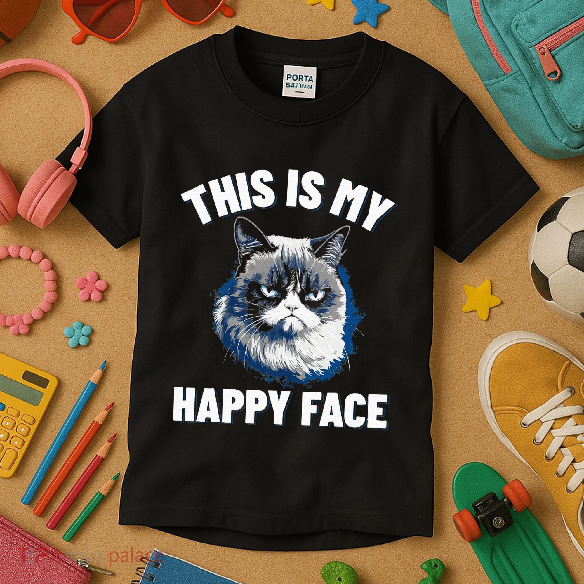 This Is My Happy Face Funny Cat With Grumpy Face Cat Lover Kids T-Shirt