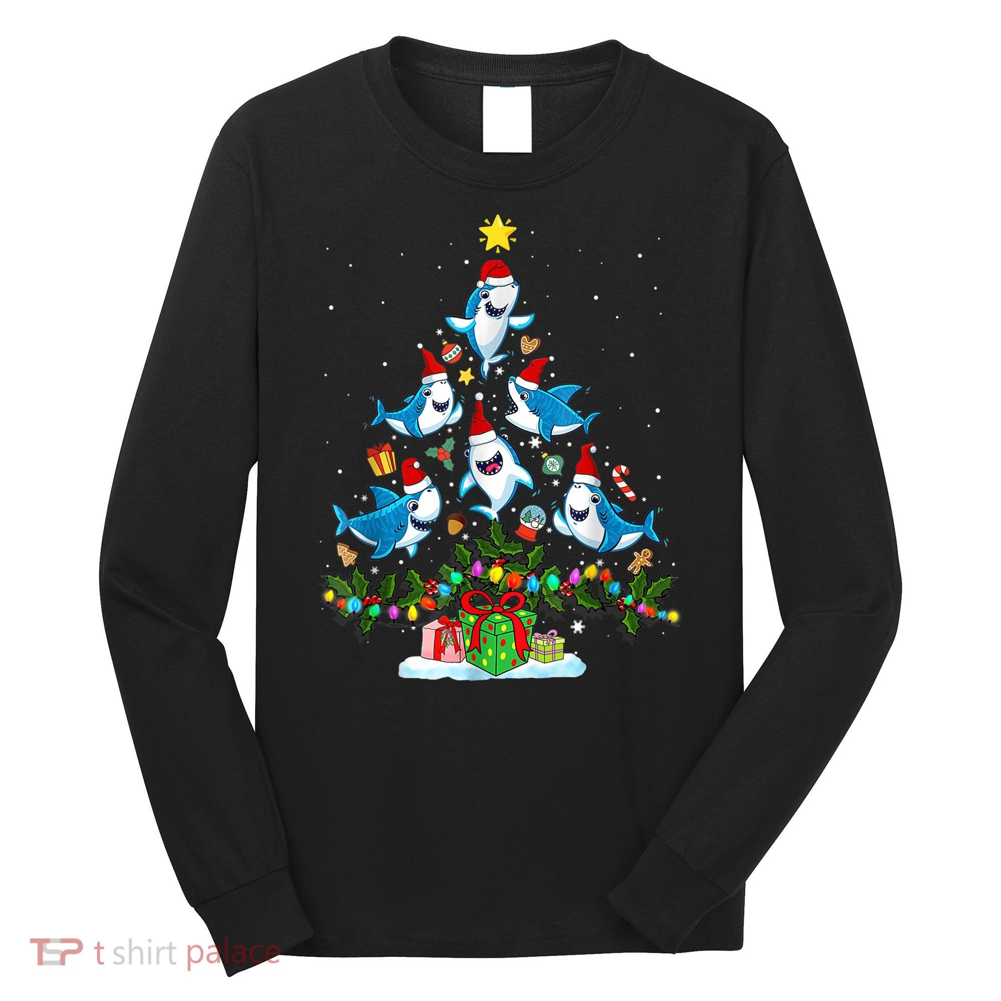 This Is My Christmas Pajama Shirt Funny Christmas Shark Tree Long Sleeve Shirt
