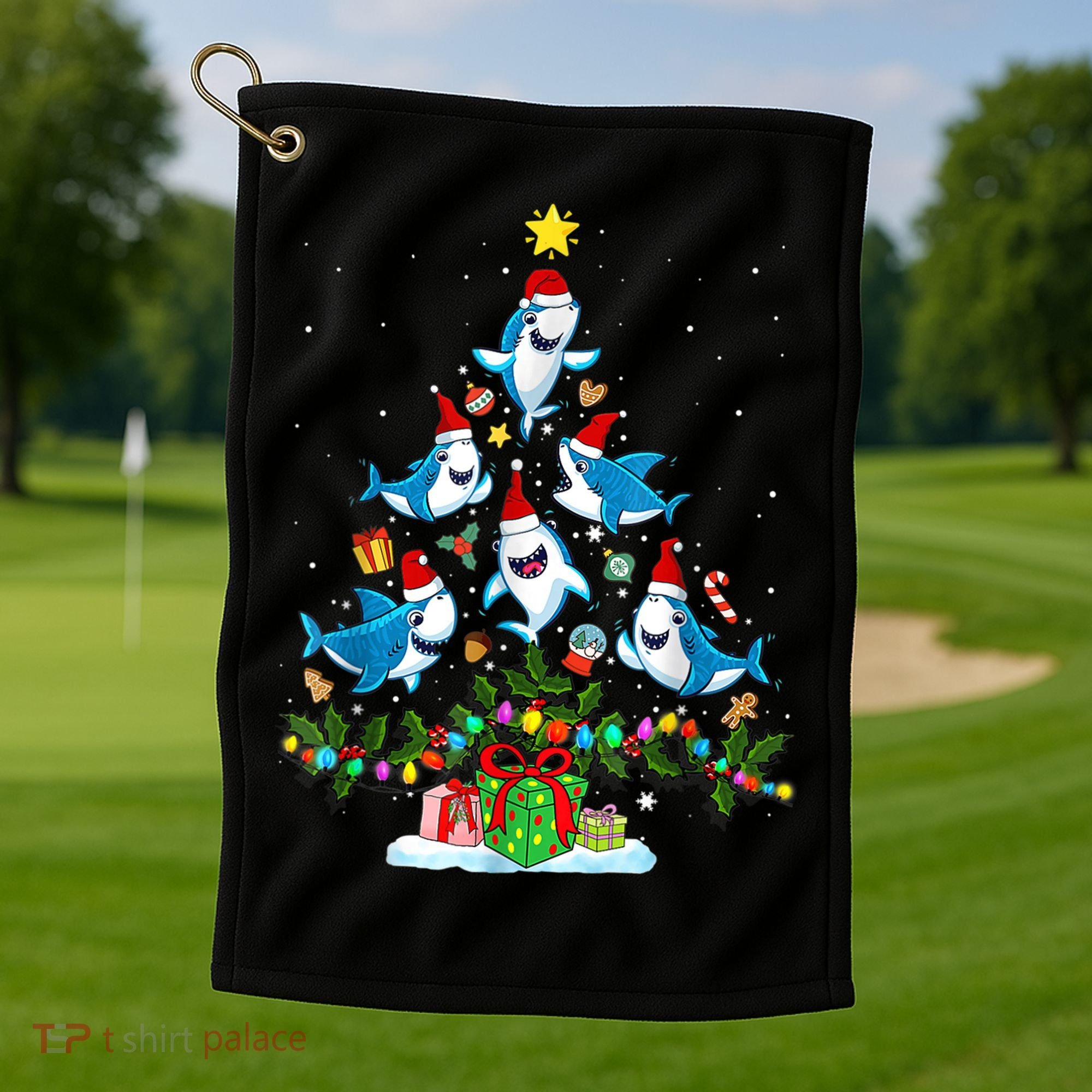 This Is My Christmas Pajama Shirt Funny Christmas Shark Tree Golf Towel